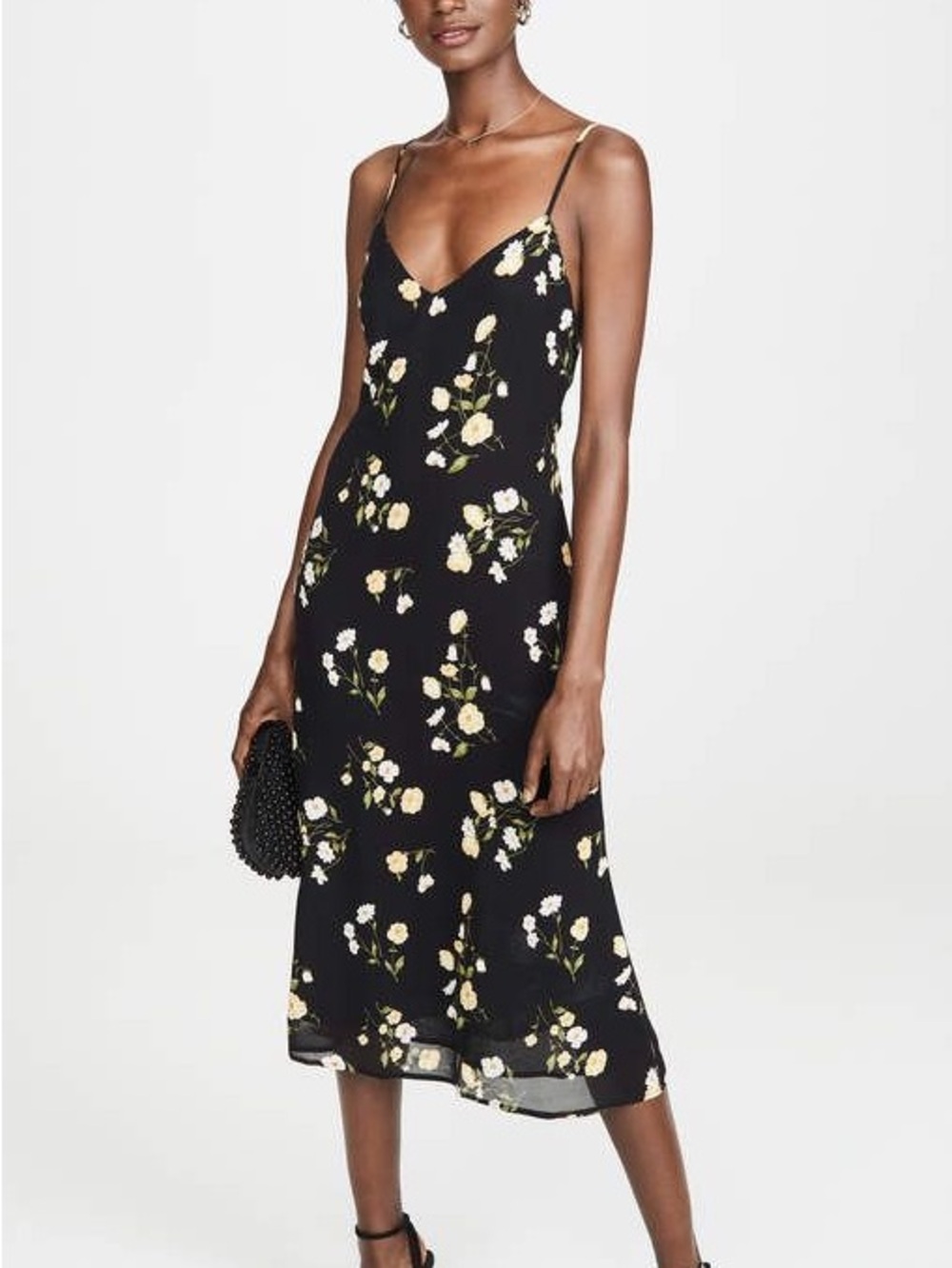 Reformation Dietrich dress - Floral Black Slip Midi Dress with Tie Back
